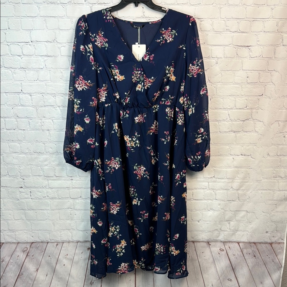 BloomChic Blue and Pink Floral Long Sleeve Sheer Overlay Dress - Picture 2 of 7